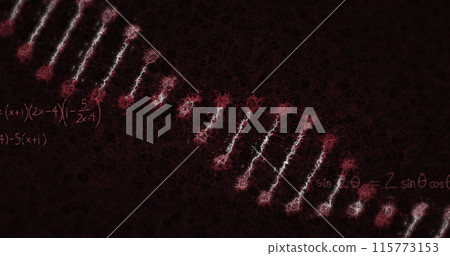 Image of mathematical formulae and DNA strain floating on red background Image of mathematical formulae and DNA strain floating on red background 115773153