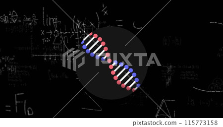 Image of mathematical formulae and DNA strain floating on black background Image of mathematical formulae and DNA strain floating on black background 115773158