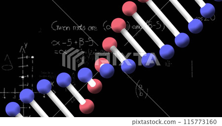 Image of mathematical formulae and DNA strain floating on black background Image of mathematical formulae and DNA strain floating on black background 115773160