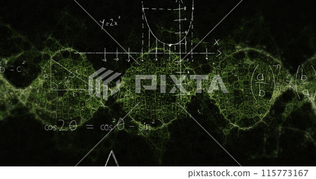 Image of chemical and mathematical formulae floating on black background 115773167