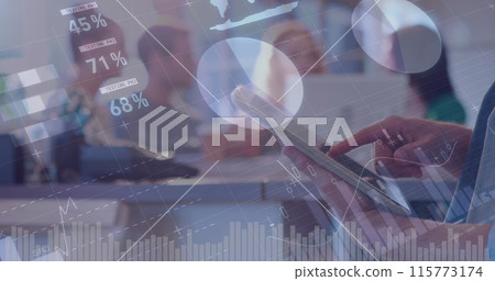 Digital composite of a woman using a digital tablet in an office with diverse colleagues in the back Digital composite of a woman using a digital tablet in an office with diverse colleagues in the back 115773174