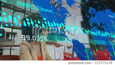 Image of graphs, changing numbers and map over diverse woman sharing ideas with coworkers Image of graphs, changing numbers and map over diverse woman sharing ideas with coworkers 115773176