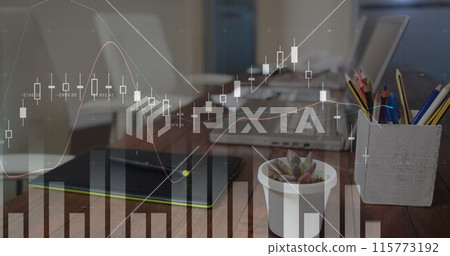 Digital image of graphs moving in the screen with a background of a work space with a cup of coffee, 115773192
