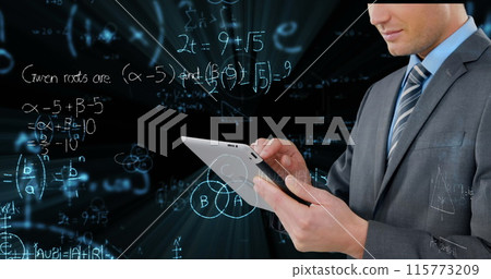 Image of data processing and mathematical equations over businessman using tablet Image of data processing and mathematical equations over businessman using tablet 115773209