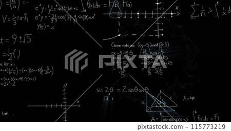 Image of mathematical equations on black background 115773219