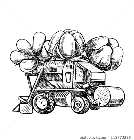 Cotton harvester. A black and white vector graphic illustration made by hand. A stylized composition of a modern cotton harvester and a box with a cotton plant, used in agriculture. Cotton harvester. A black and white vector graphic illustration made by hand. A stylized composition of a modern cotton harvester and a box with a cotton plant, used in agriculture. 115773226