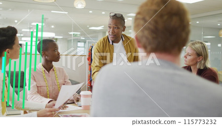 Image of multicolored graphs over diverse coworkers sharing ideas in office 115773232