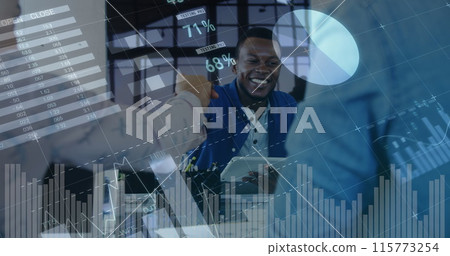 Digital composite of an African-American man offering hand for a shake hand in an office while graph 115773254