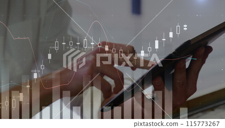 Digital composite of a man using a digital tablet while graphs move in the screen 4k 115773267