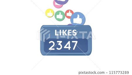 Digital image of colorful like icons moving upwards and likes counter with increasing numbers 4k Digital image of colorful like icons moving upwards and likes counter with increasing numbers 4k 115773289