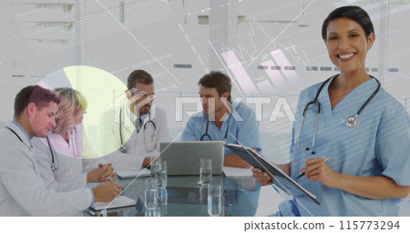 Image of statistics and financial data processing over diverse doctors using laptop Image of statistics and financial data processing over diverse doctors using laptop 115773294