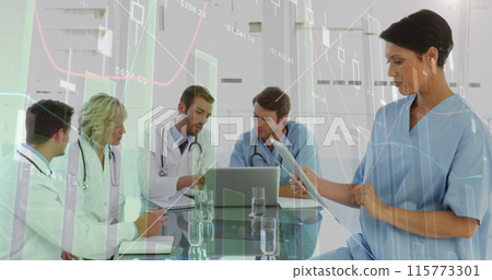Image of statistics and financial data processing over diverse doctors using laptop Image of statistics and financial data processing over diverse doctors using laptop 115773301