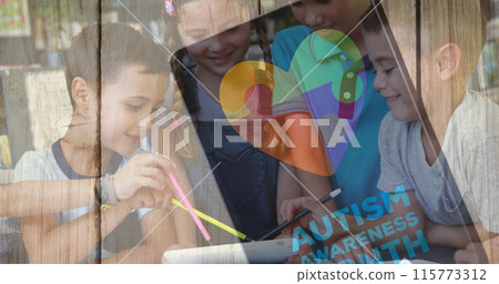 Image of colourful puzzle pieces and heart over kids friends using electronic devices 115773312