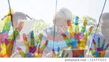 Image of colourful hands over kids friends using electronic devices Image of colourful hands over kids friends using electronic devices 115773315