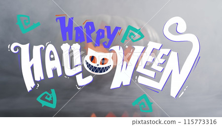 Happy halloween text banner against smoke effect over pumpkin against grey background Happy halloween text banner against smoke effect over pumpkin against grey background 115773316