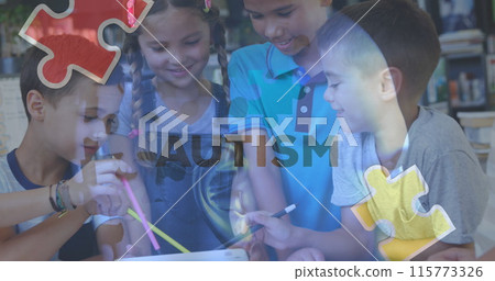 Image of colourful puzzle pieces and autism text over kids friends using electronic devices Image of colourful puzzle pieces and autism text over kids friends using electronic devices 115773326