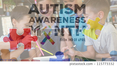 Image of colourful puzzle pieces and autism text over kids friends 115773332