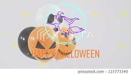 Image of happy halloween text over neon witch and orange and black balloons Image of happy halloween text over neon witch and orange and black balloons 115773340