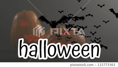 Halloween text banner and multiple flying bat icons over halloween pumpkins against grey background Halloween text banner and multiple flying bat icons over halloween pumpkins against grey background 115773363