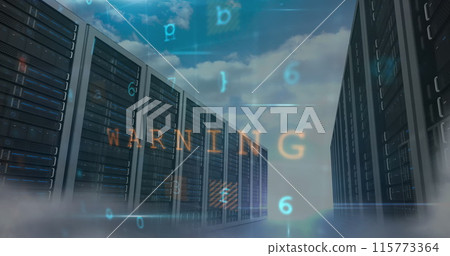Image of cyberattack over server room and sky Image of cyberattack over server room and sky 115773364