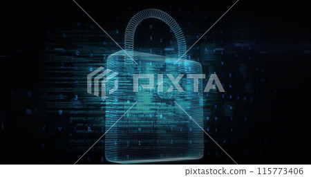 Image of cyber attack warning and padlock over silhouettes of people in server room 115773406