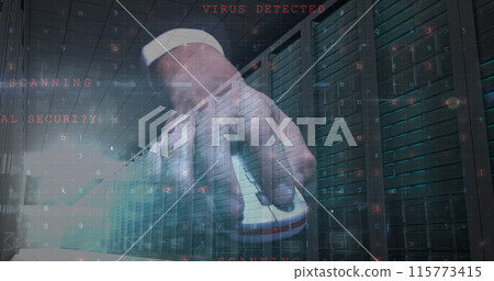 Image of cyberattack and envelope icons over and using computer mouse server room Image of cyberattack and envelope icons over and using computer mouse server room 115773415