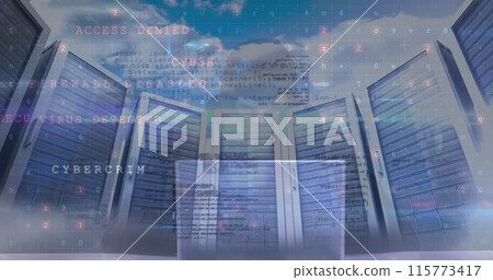 Image of cyber attack warning over hacker in server room 115773417