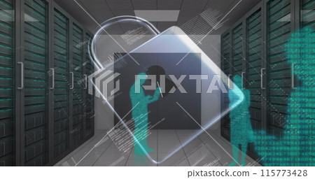 Image of data processing and padlock icon over server room 115773428