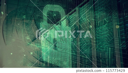 Image of online security padlock and data processing over circuit board and computer servers 115773429