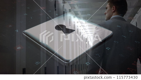 Image of cyberattack and padlock icon over caucasian man in server room Image of cyberattack and padlock icon over caucasian man in server room 115773430