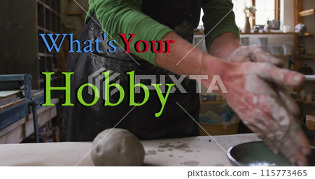 Composite image of what's your hobby text against mid section of male potter cleaning his hands Composite image of what's your hobby text against mid section of male potter cleaning his hands 115773465