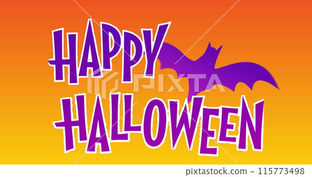 Image of happy halloween text over bat on orange background Image of happy halloween text over bat on orange background 115773498