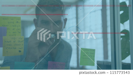 Image of data processing over caucasian businessman taking notes 115773543