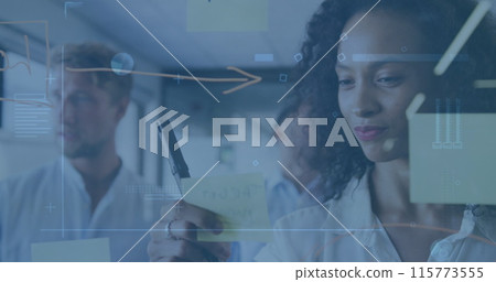Image of data processing over diverse business people taking notes Image of data processing over diverse business people taking notes 115773555