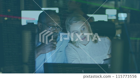 Image of data processing over diverse business people talking Image of data processing over diverse business people talking 115773556