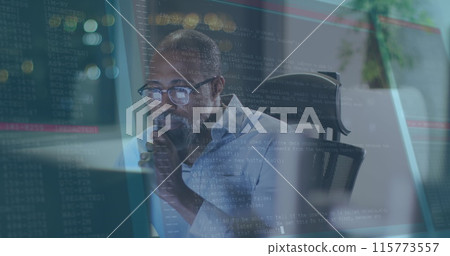 Image of data processing over african american businessman using laptop Image of data processing over african american businessman using laptop 115773557