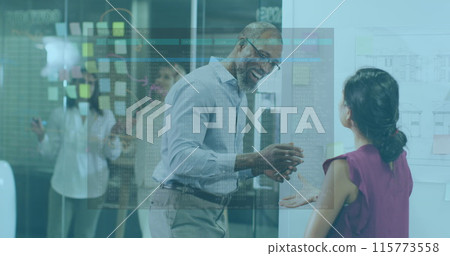 Image of data processing over diverse business people talking Image of data processing over diverse business people talking 115773558