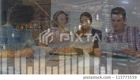 Image of financial data processing over diverse business people Image of financial data processing over diverse business people 115773559