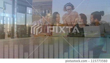 Image of financial data processing over diverse business people using laptops 115773560