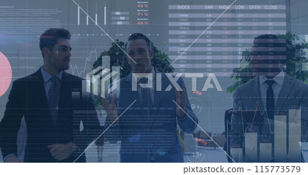 Image of data processing over diverse businessmen talking 115773579