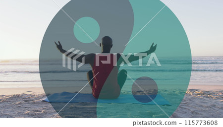 Image of ying yang symbol over senior african american man sitting on sunny beach 115773608