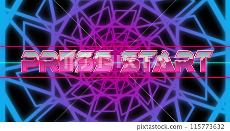 Image of press start text over shapes on black background Image of press start text over shapes on black background 115773632