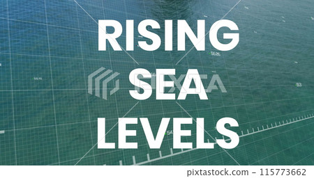 Image of rising sea levels over financial graph and seascape 115773662