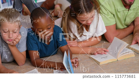 Image of math formulas over diverse children reading books at school 115773681