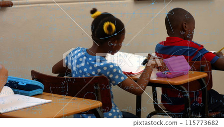 Image of math formulas over african american children learning at school Image of math formulas over african american children learning at school 115773682