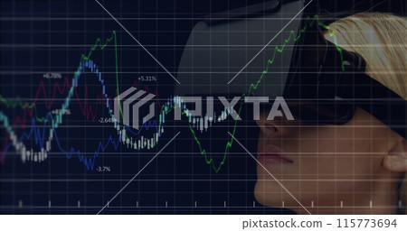Image of financial data processing over caucasian businesswoman wearing vr headset Image of financial data processing over caucasian businesswoman wearing vr headset 115773694