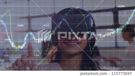 Image of financial data processing over biracial woman wearing vr headset at office Image of financial data processing over biracial woman wearing vr headset at office 115773697