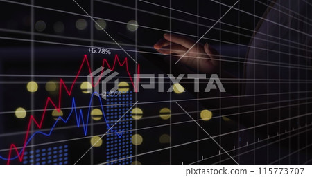 Image of data processing over caucasian businessman using tablet 115773707