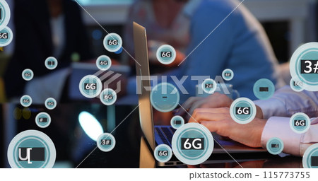 Image of 6g text and symbols in circles over cropped hands of caucasian man working on laptop Image of 6g text and symbols in circles over cropped hands of caucasian man working on laptop 115773755