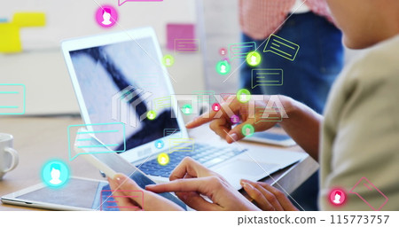 Image of profile icons and message boxes over caucasian female coworkers analyzing reports Image of profile icons and message boxes over caucasian female coworkers analyzing reports 115773757